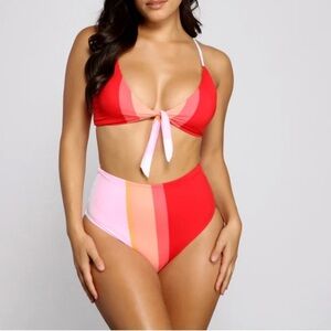 NWT Beach Joy bikini set color block high waist & tie front bikini small red